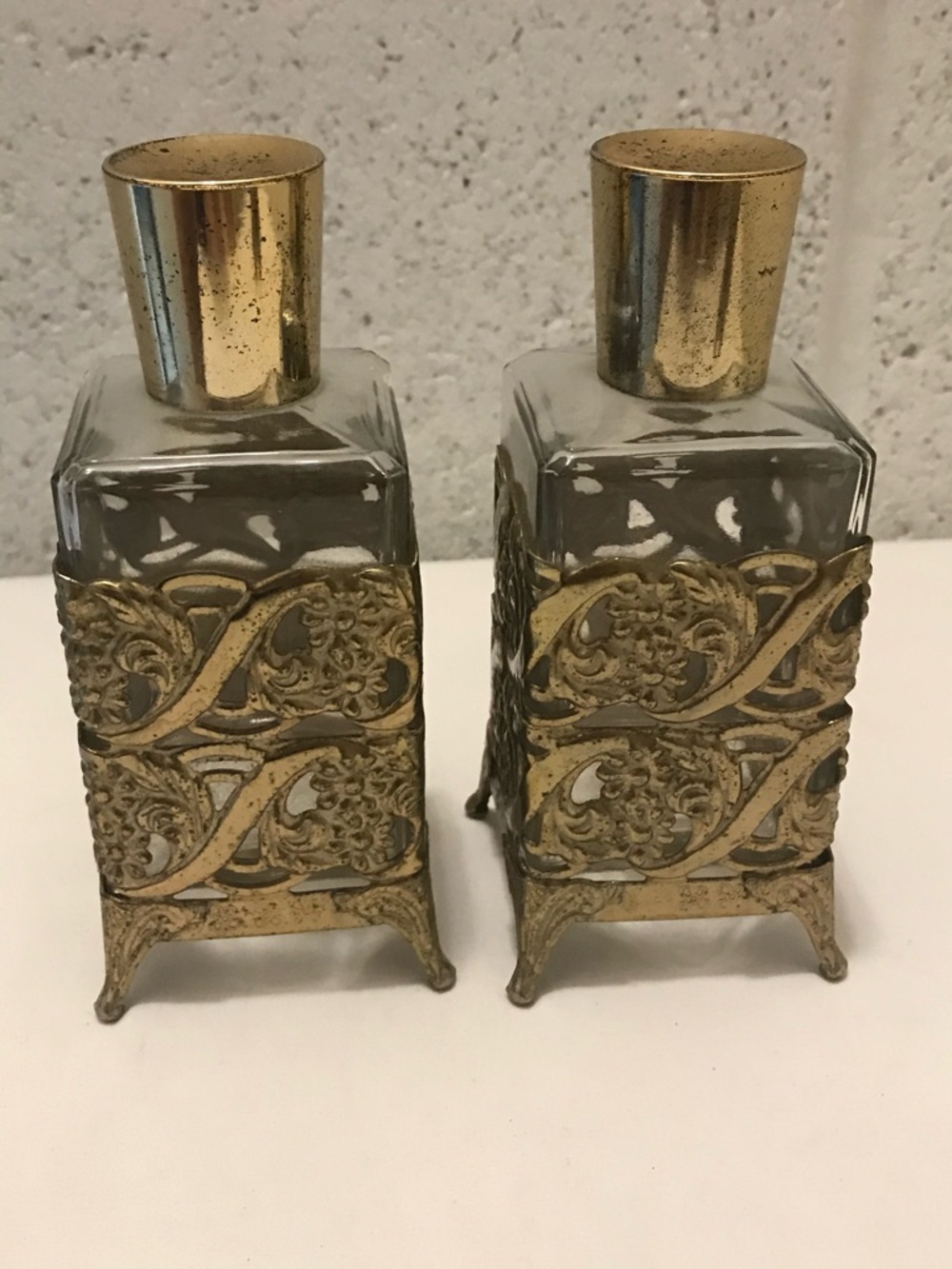 Vintage Decorative Gold Filigree Glass Vanity Bottles - Pair